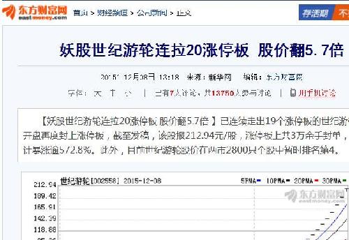 世纪游轮连拉20涨停板,股价翻5.7倍_恒立实业