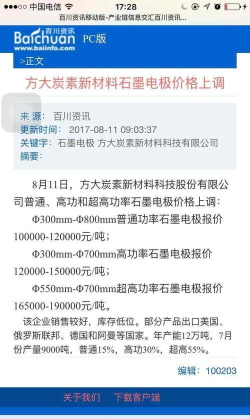 百川资讯 2017.08.2.11 方大炭素上调石墨电极