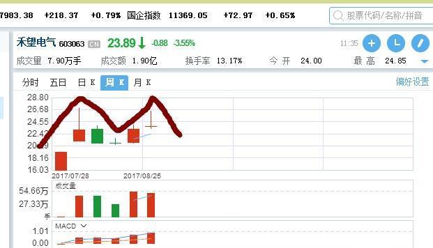 禾望电气日线,周线全是顶部。呈M字形顶部_禾