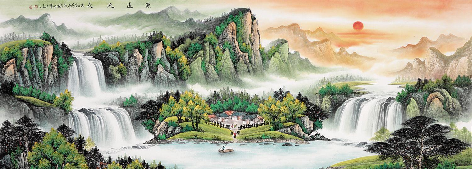 红日,山川,瀑布,环绕着中间的家,所谓山旺人丁,水旺财,画中山中坐落的