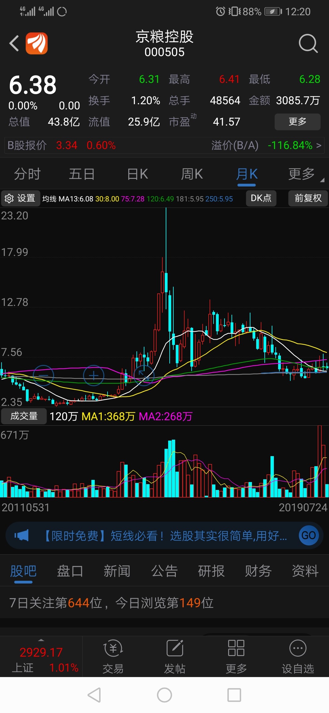 特别是那些月线历史大底的股票,比如京粮控股