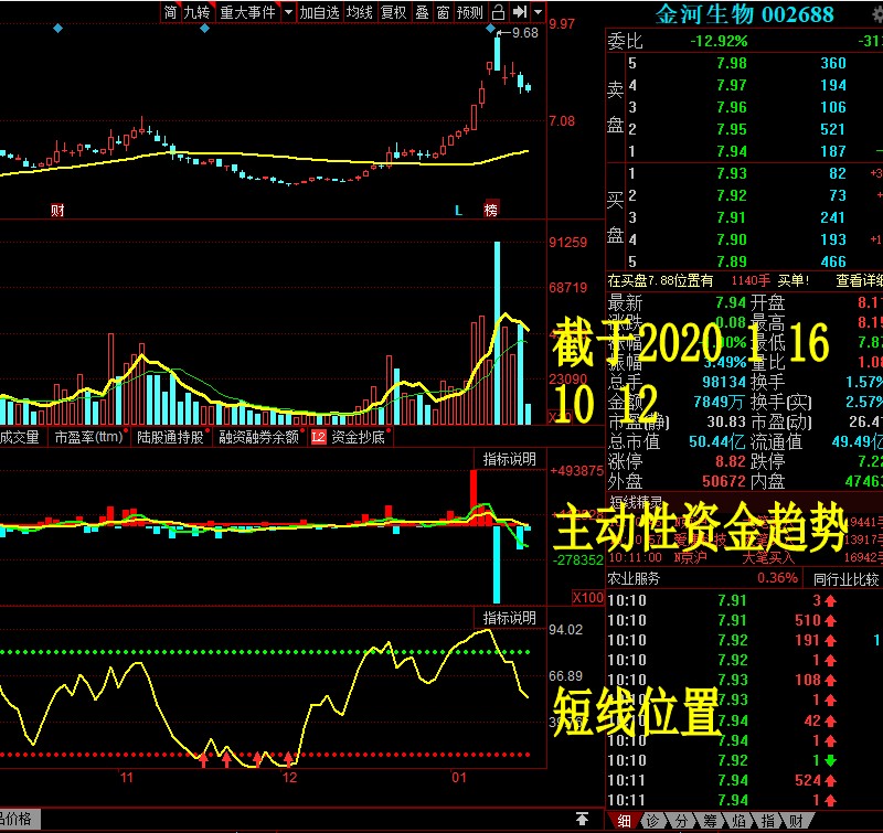 图1.16日,金河生物 资金趋势 短线位置