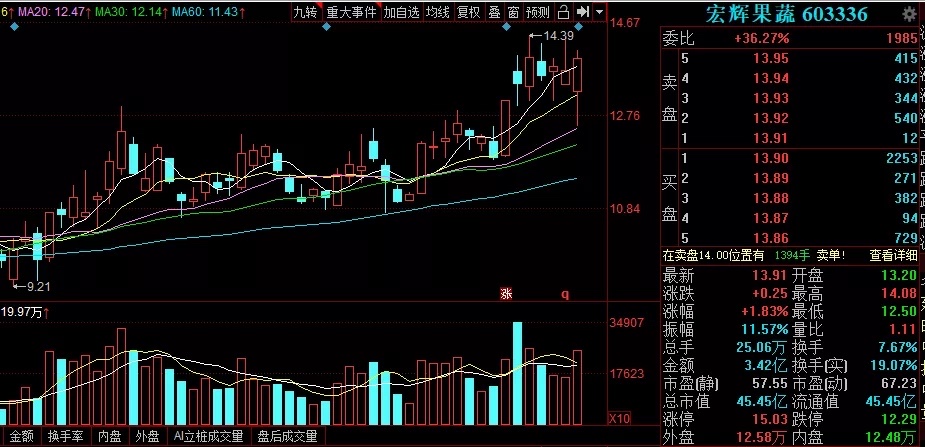 晚间精选个股:宏辉果蔬(603336)今天探底回升,下方有强支撑,继续持股