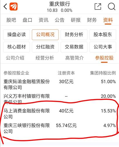重庆银行持有2家准上市公司股票,马上消费(