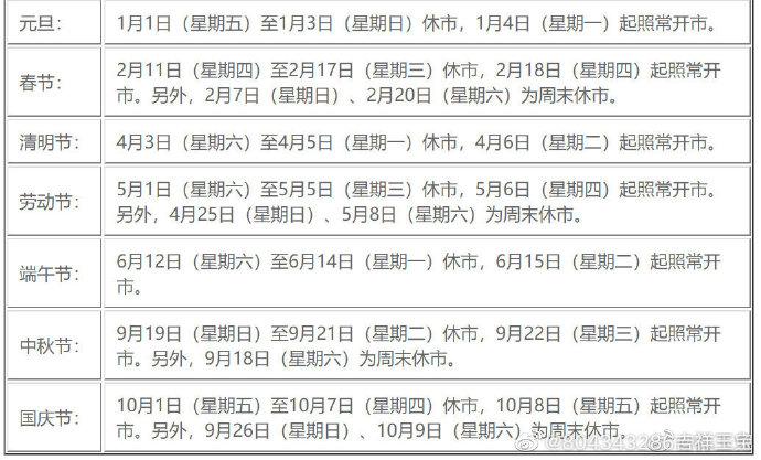 2021放假时间表全年,2021年法定节假日安排 2021年a股休市放假时间表