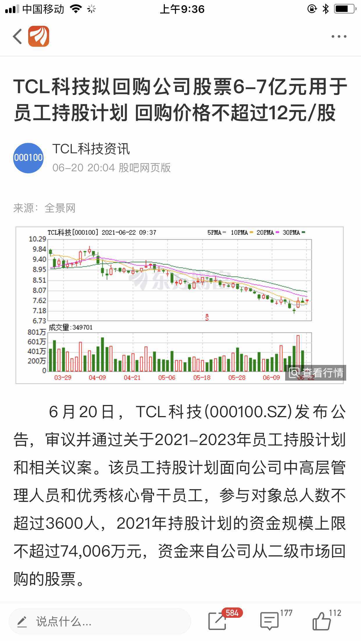 正能量的tcl科技拟回购公司股票6-7亿元用于员工持股计划回购价格不