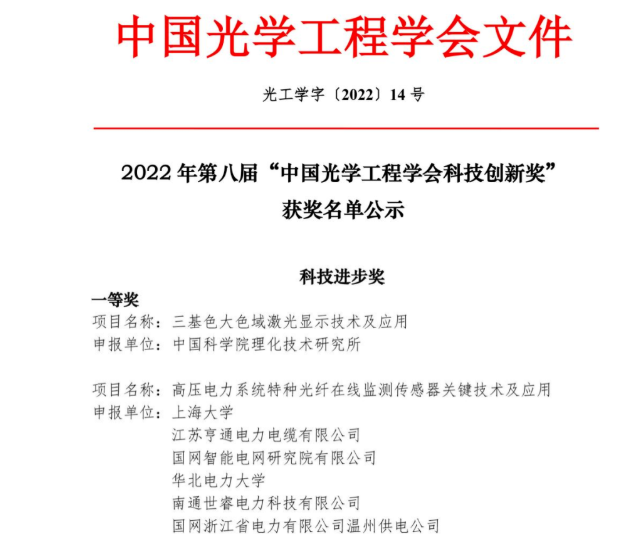 亨通荣获第八届中国光学工程学会科技创新奖一等奖