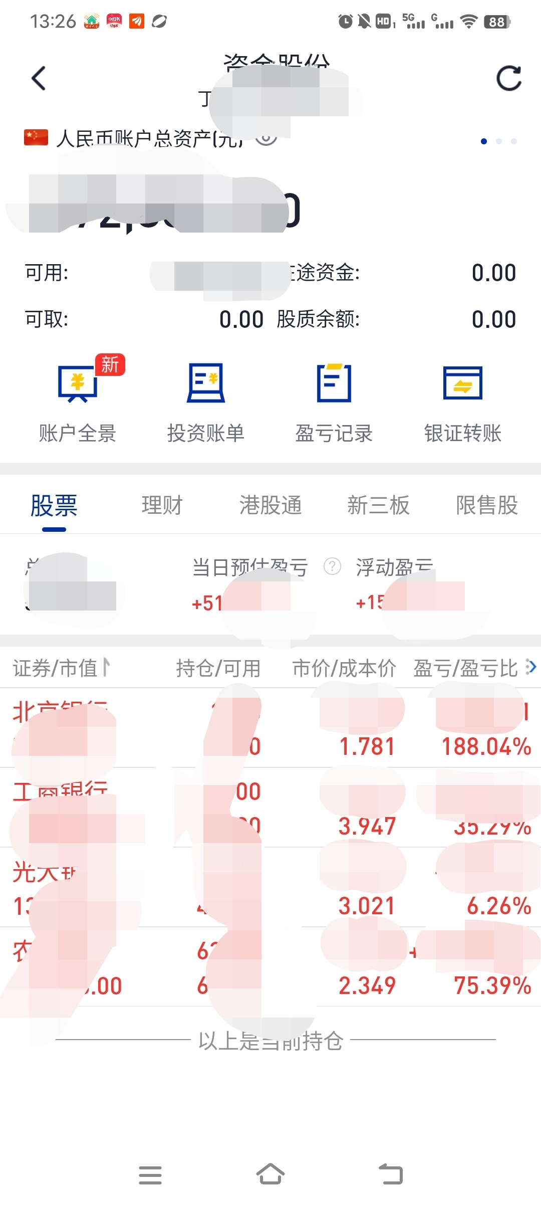 钱虽然不多，但必须要晒出来才有说服力，我两个账户是一直满仓持有几大行，给还犹豫的_光大银行(6018