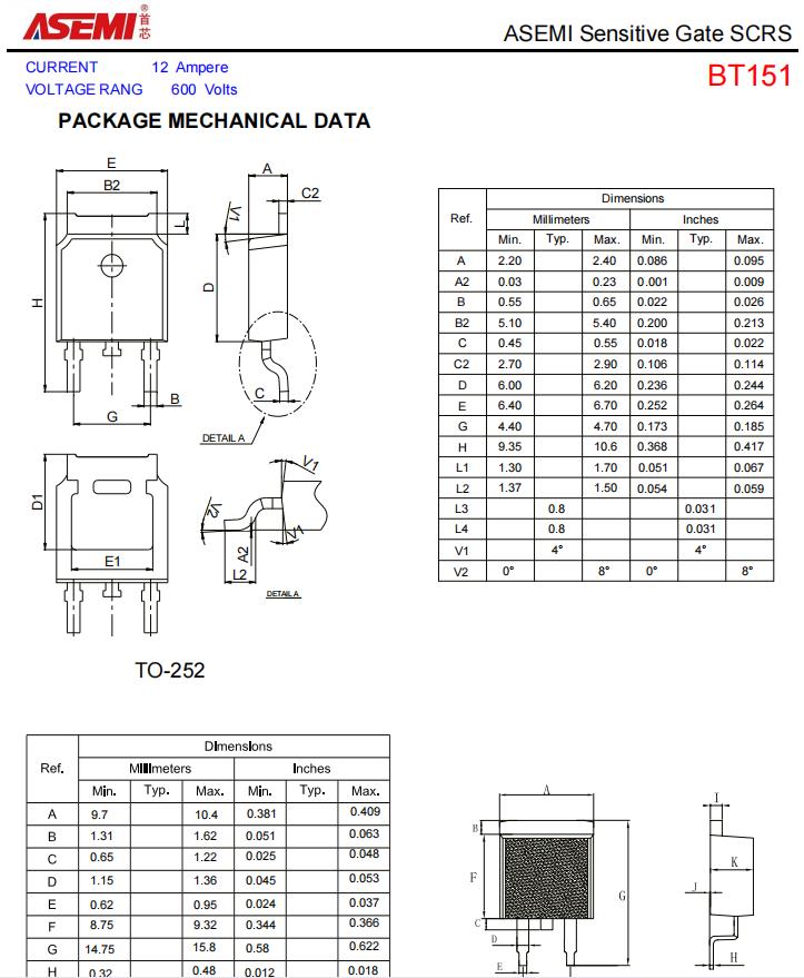 bt151asemi單向可控硅bt151參數尺寸規格