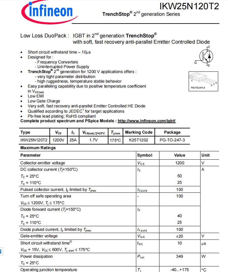 ikw25n120t2asemi代理英飞凌igbt管ikw25n120t2