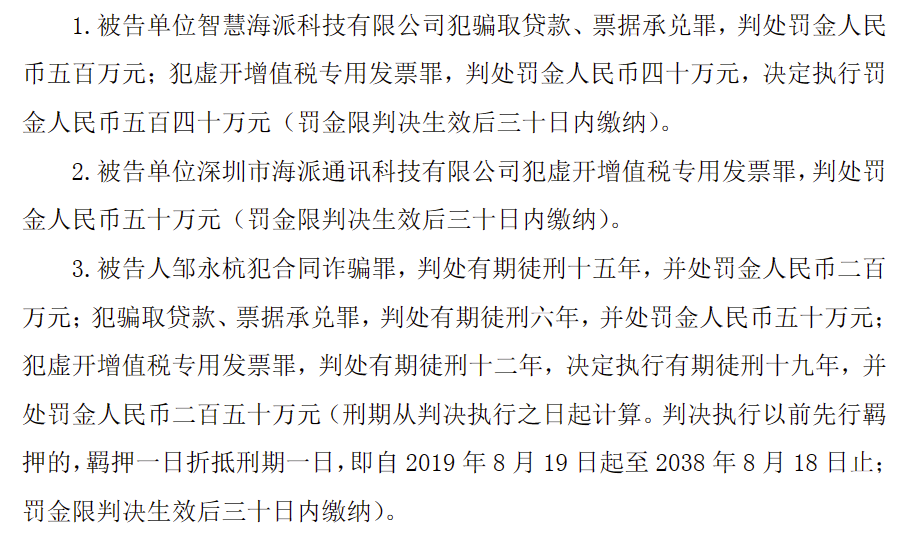 判决内容如下:根据航天通信2023年7月12日公告,智慧海派科技,邹永杭