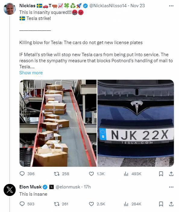 特斯拉瑞典罢工运动持续邮政员工拒绝为特斯拉车主派送车牌马斯克太