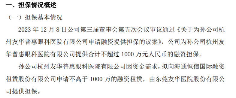 友華醫院為孫公司友華普惠眼科醫院提供合計不超過1000萬的融資擔保