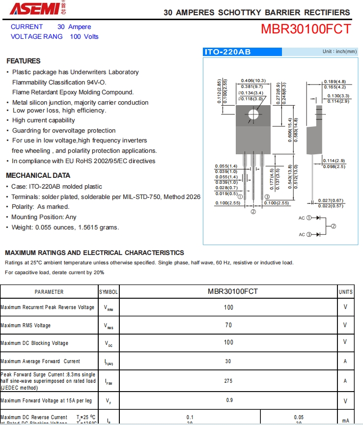 mbr30100fctasemi大功率肖特基mbr30100fct