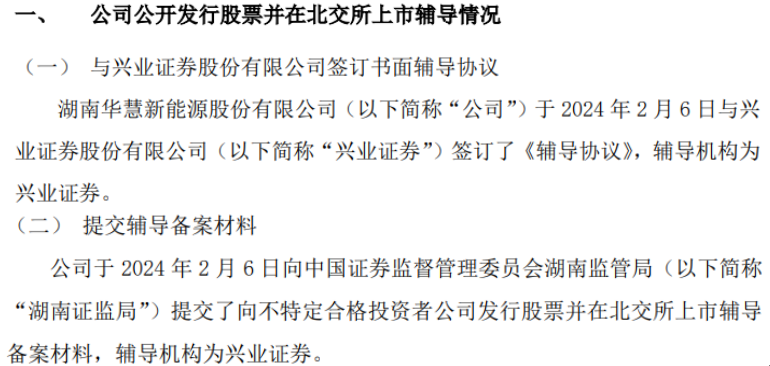 華慧能源向湖南證監局提交了向不特定合格投資者公司發行股票並在北交