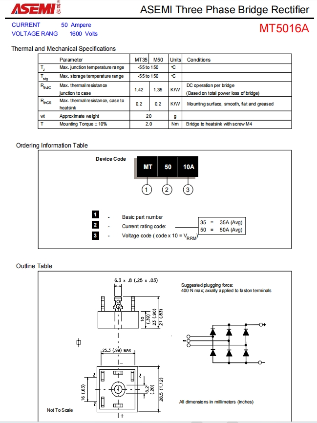 mt5016aasemi大电流整流桥mt5016a