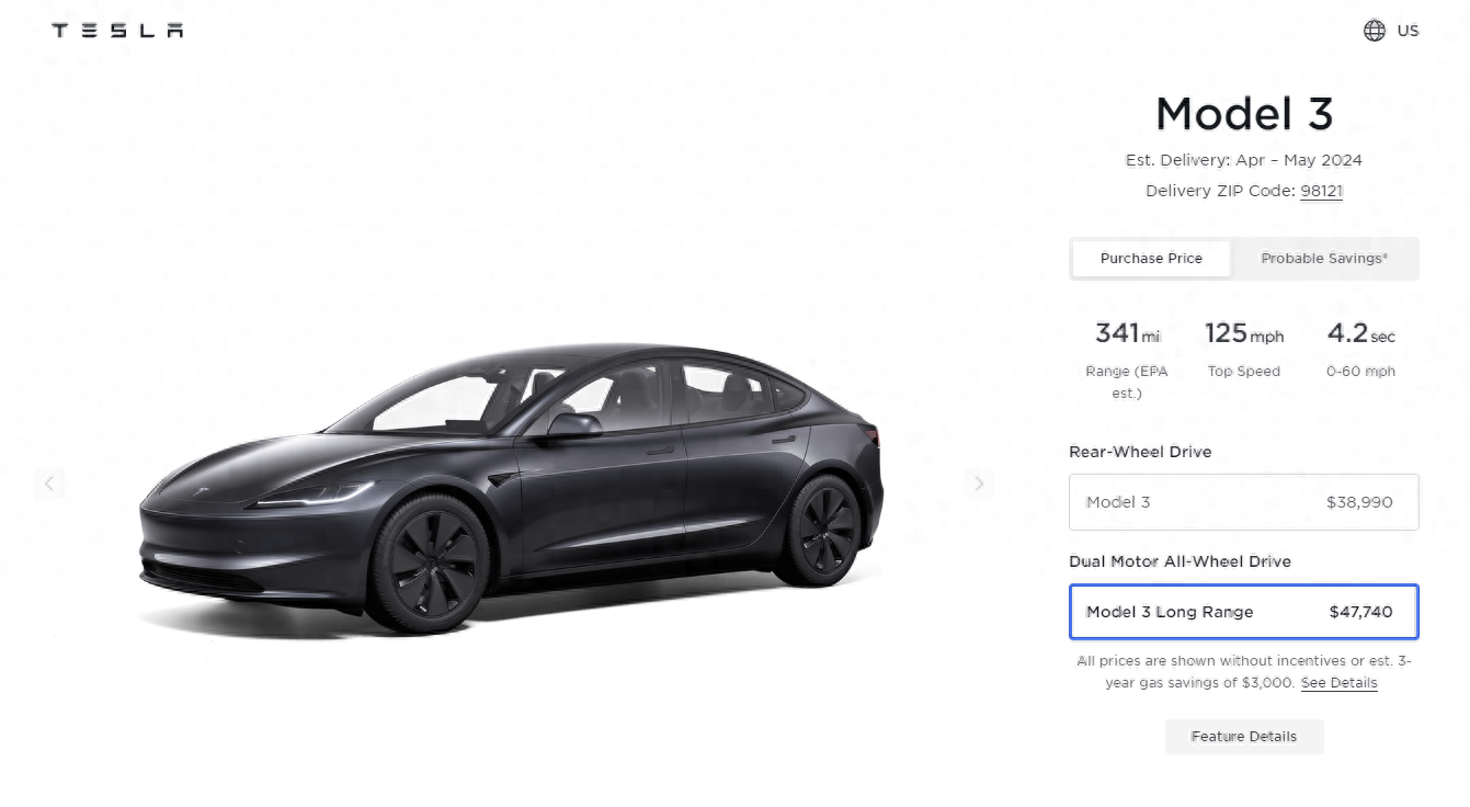 特斯拉model3长续航版在美国价格上调250美元至47740美元
