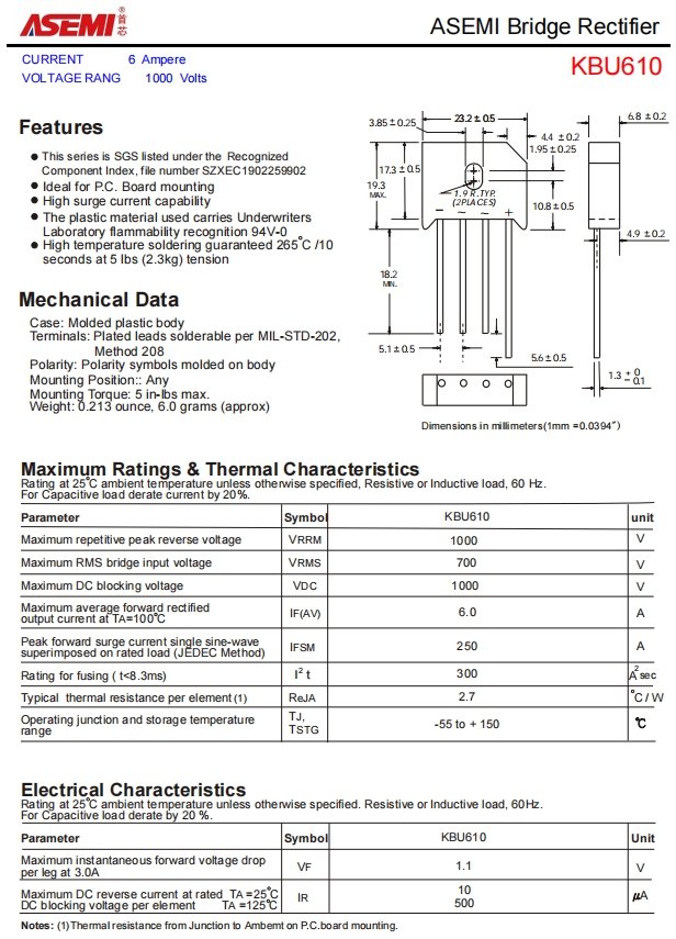高品质高可靠性参数一致性能稳定kbu610特点:kbu610-asemi整流桥广泛