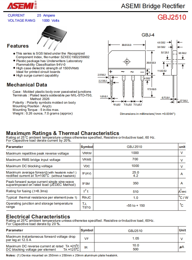 gbj2510-asemi整流桥gbj2510参数,封装,尺寸