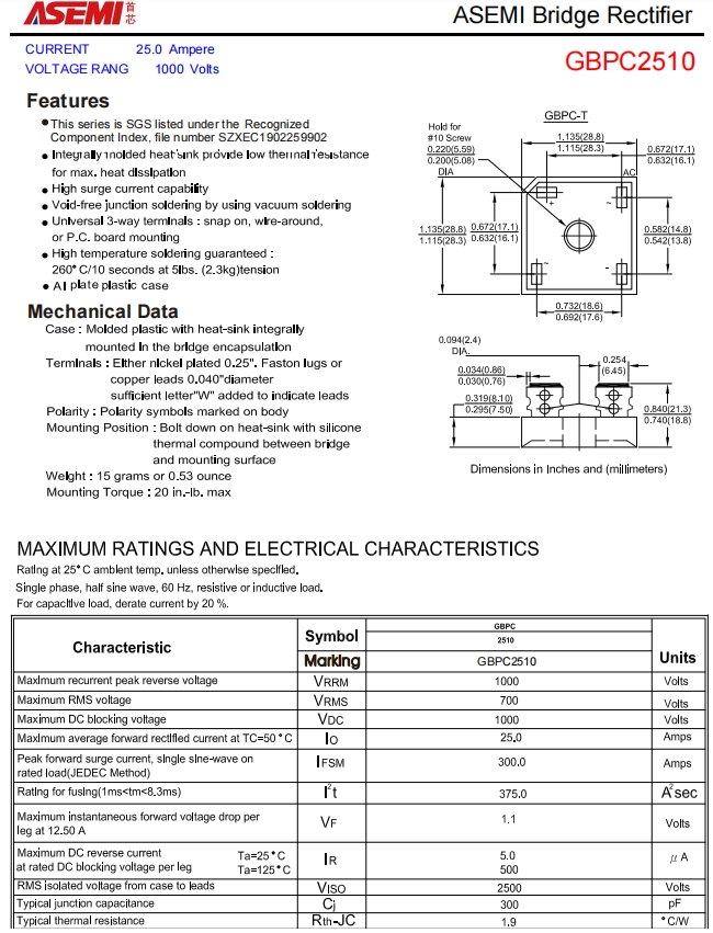 gbpc2510asemi逆变器整流桥gbpc2510