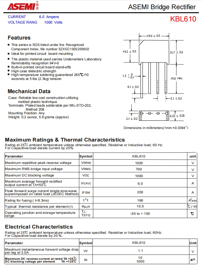kbl610asemi开关电源专用kbl610