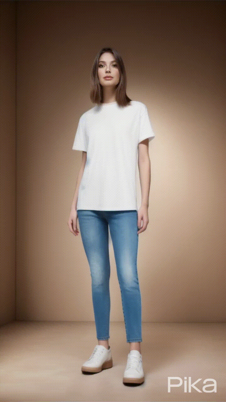 genmo图生视频效果,图 提示词:穿白t和牛仔裤的女孩fancytech生成的