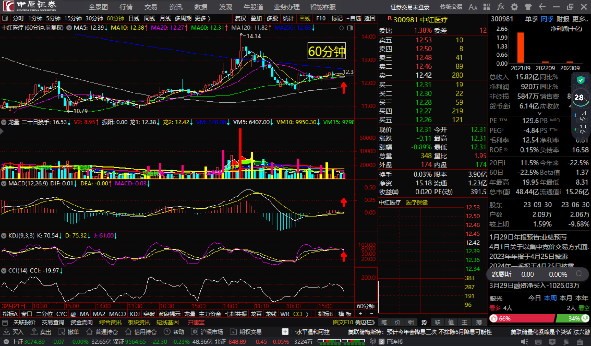 中红医疗300981长短期均线粘合顺上看多跟踪