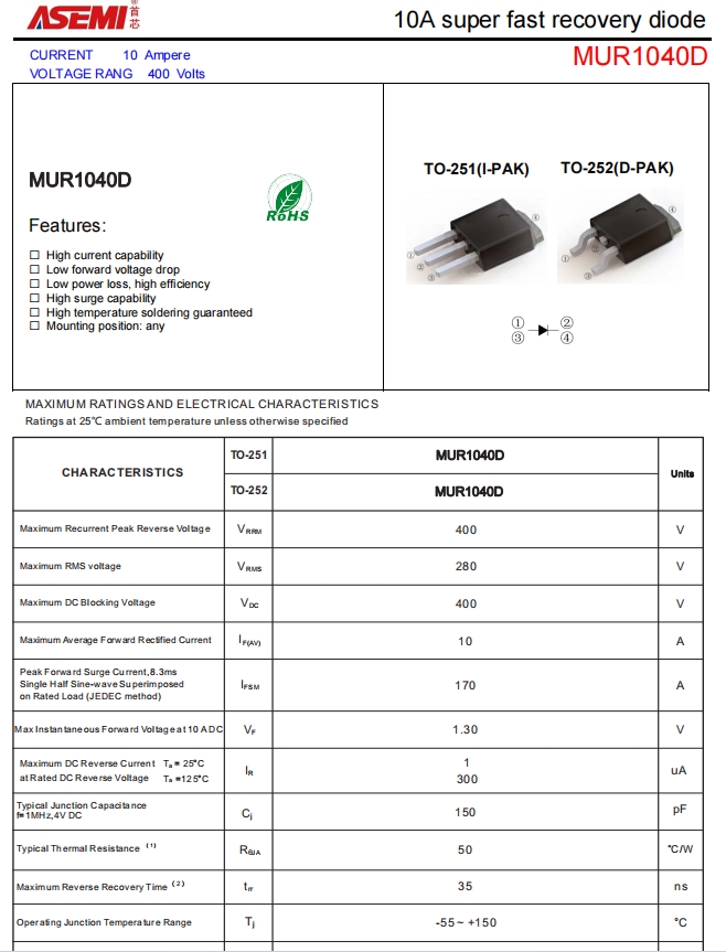 mur1040dasemi快恢复二极管mur1040d