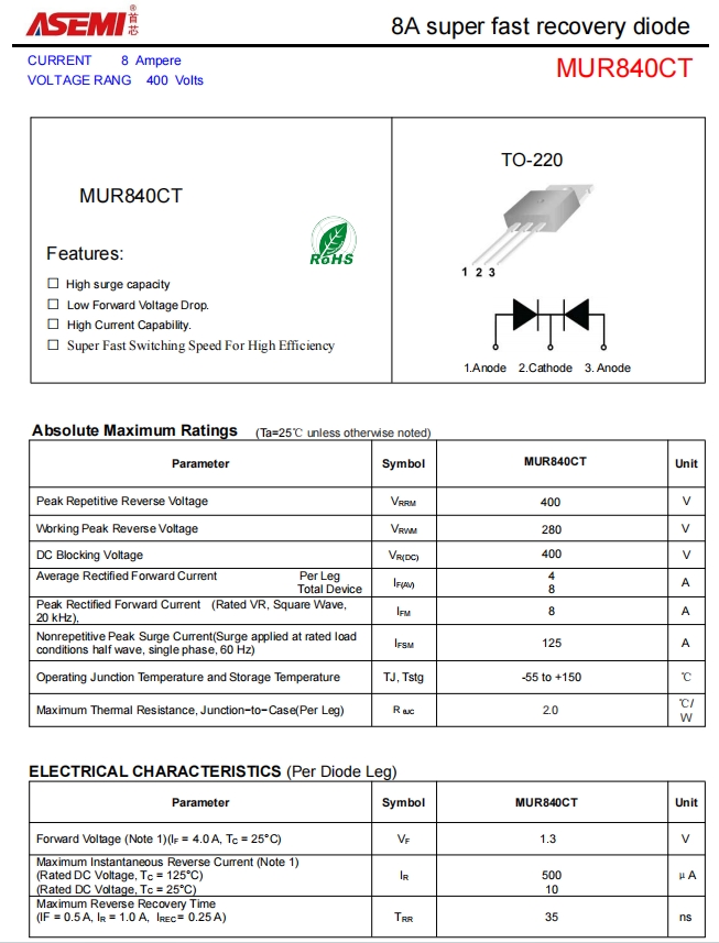 mur840asemi快恢复二极管mur840
