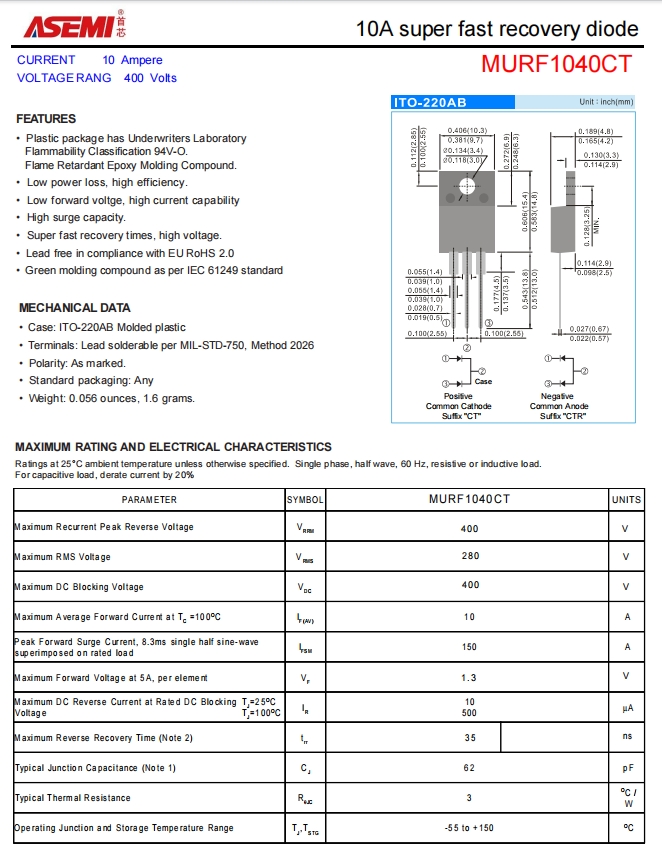 murf1040ctasemi快恢复二极管murf1040ct