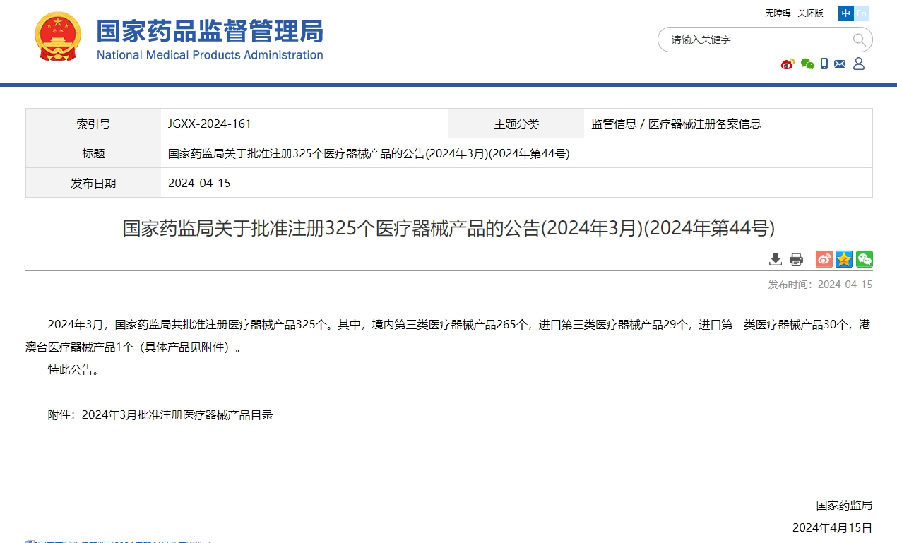 涉及口腔国家药监局批准注册325个医疗器械产品
