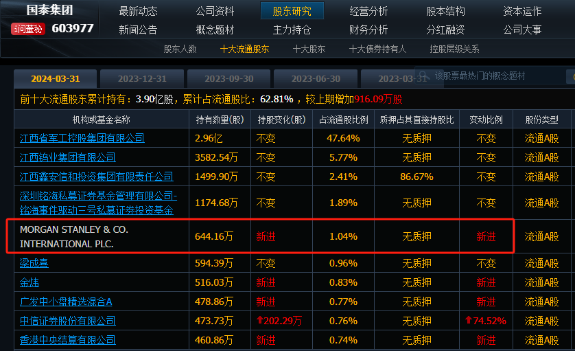 第七家:华控赛格摩根士丹利刚刚重仓买了548万股,位列第五大股东.