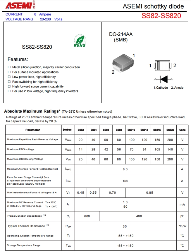 ss820-asemi高耐压肖特基二极管ss820