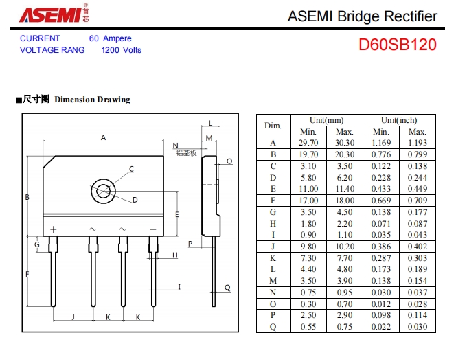 d60sb120-asemi整流桥d60sb120参数,封装,尺寸