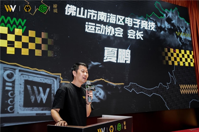 佛山市南海区电子竞技运动协会会长夏鹏在台上讲了一个"南海区深耕