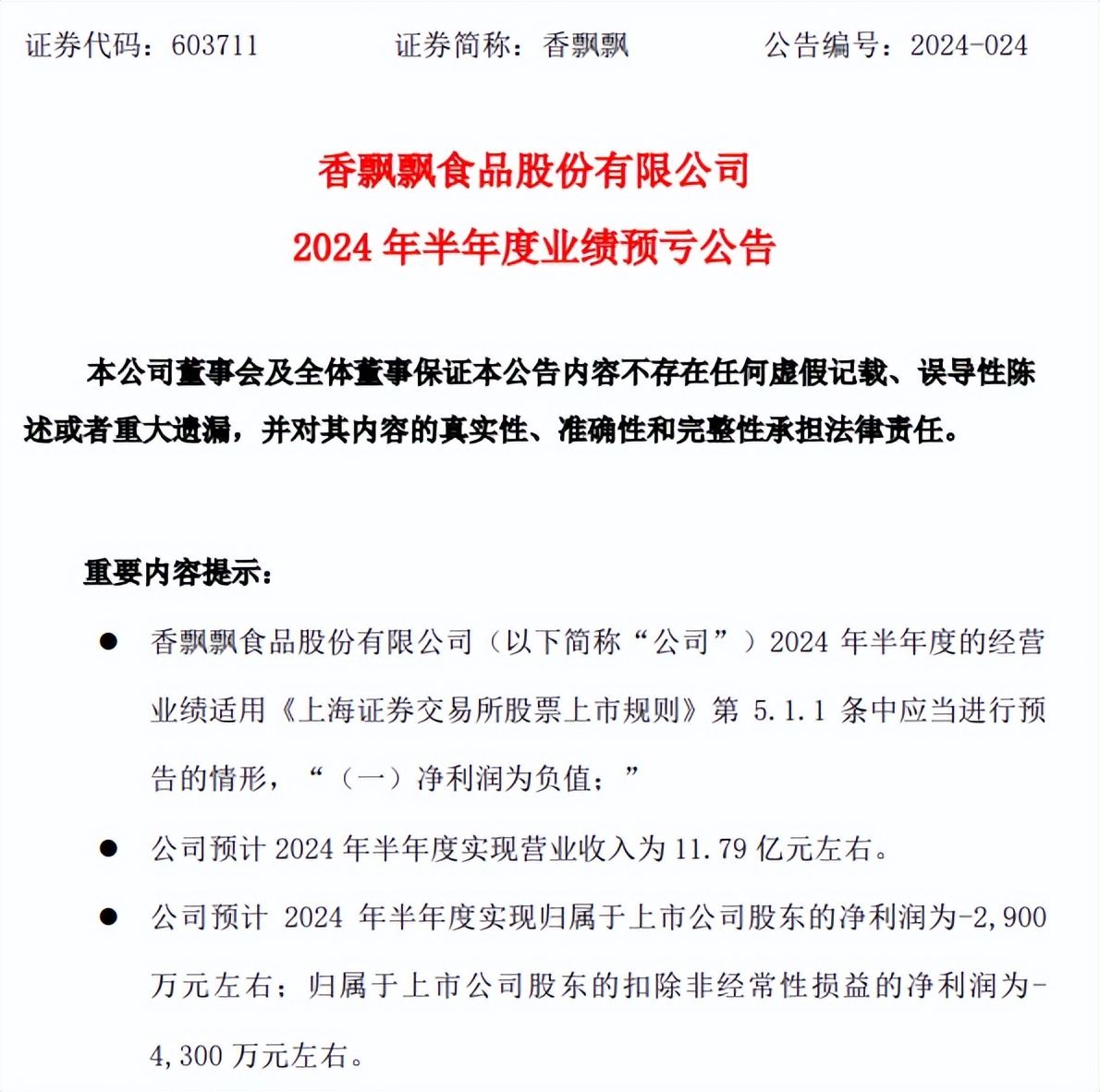 图片来源：香飘飘2024 年半年度业绩预亏公告