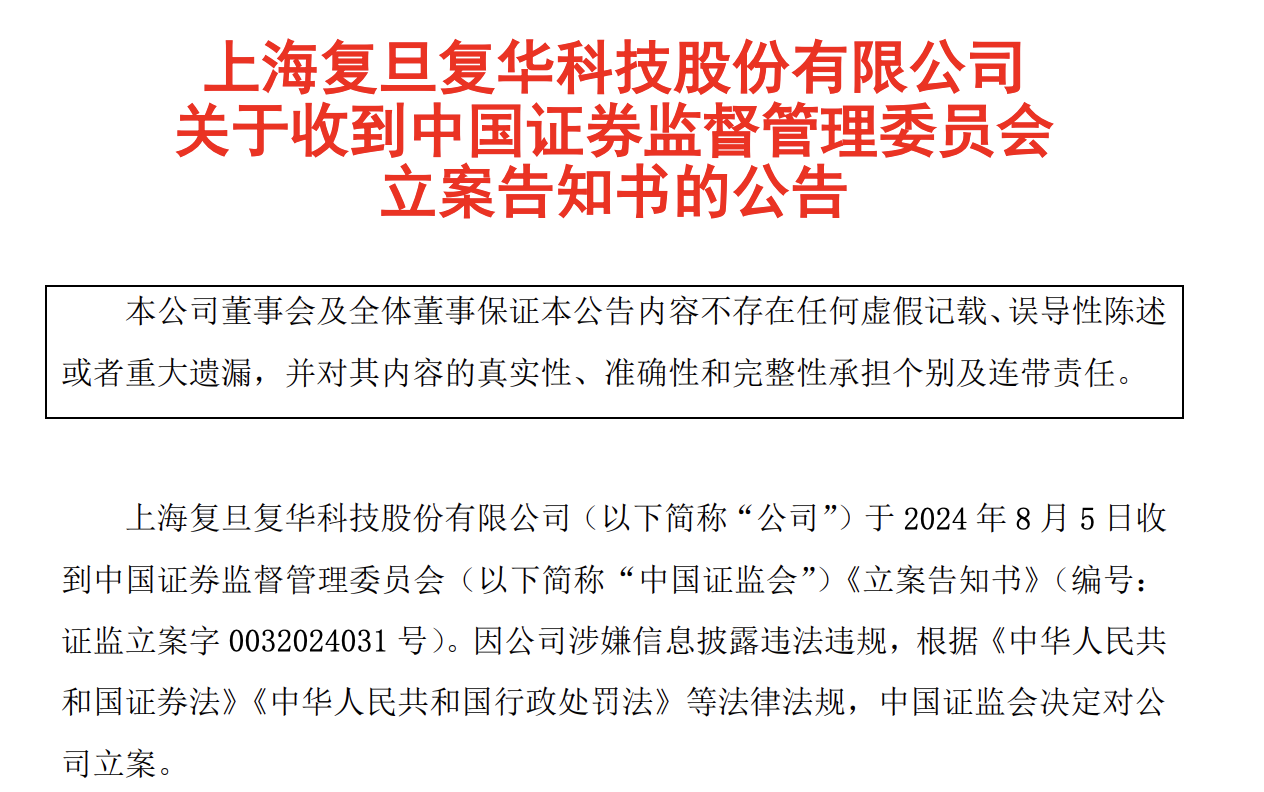 复旦复华被证监会立案,今日股价一字跌停