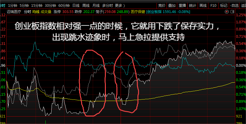 上图白色线为第二权重股迈瑞医疗分时线，蓝色线为创业板指数分时线