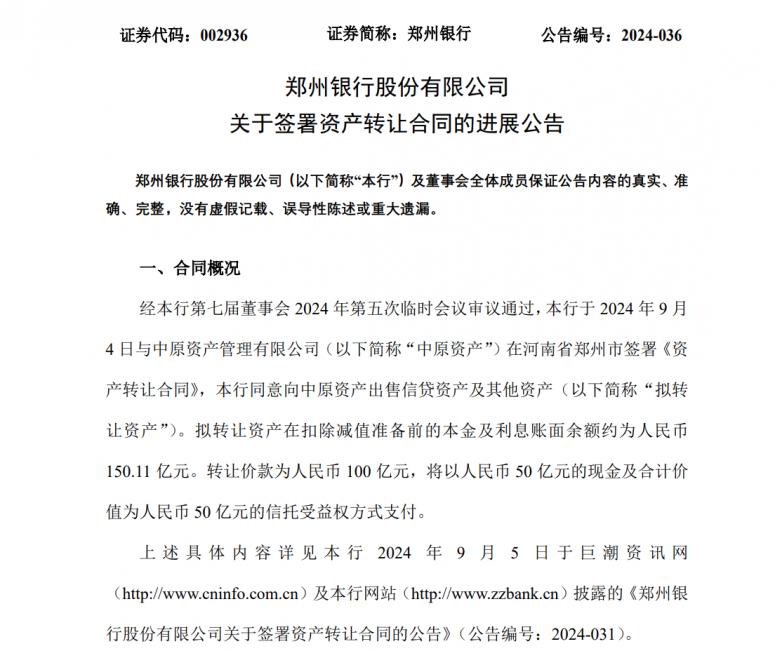 郑州银行已完成向中原资产出售100亿不良资产