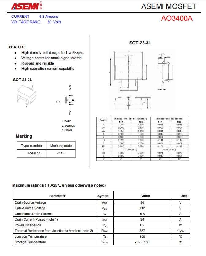 ao3400a-asemi中低压n沟道mos管ao3400a