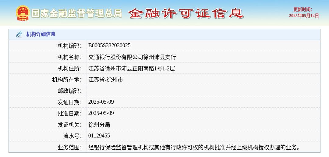 交通银行股份有限公司徐州沛县支行颁发金融许可证，发证日期2025年5月9日