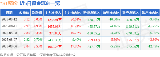 *ST精伦(600355)8月12日主力资金净买入1238.91万元_财富号_东方财富网