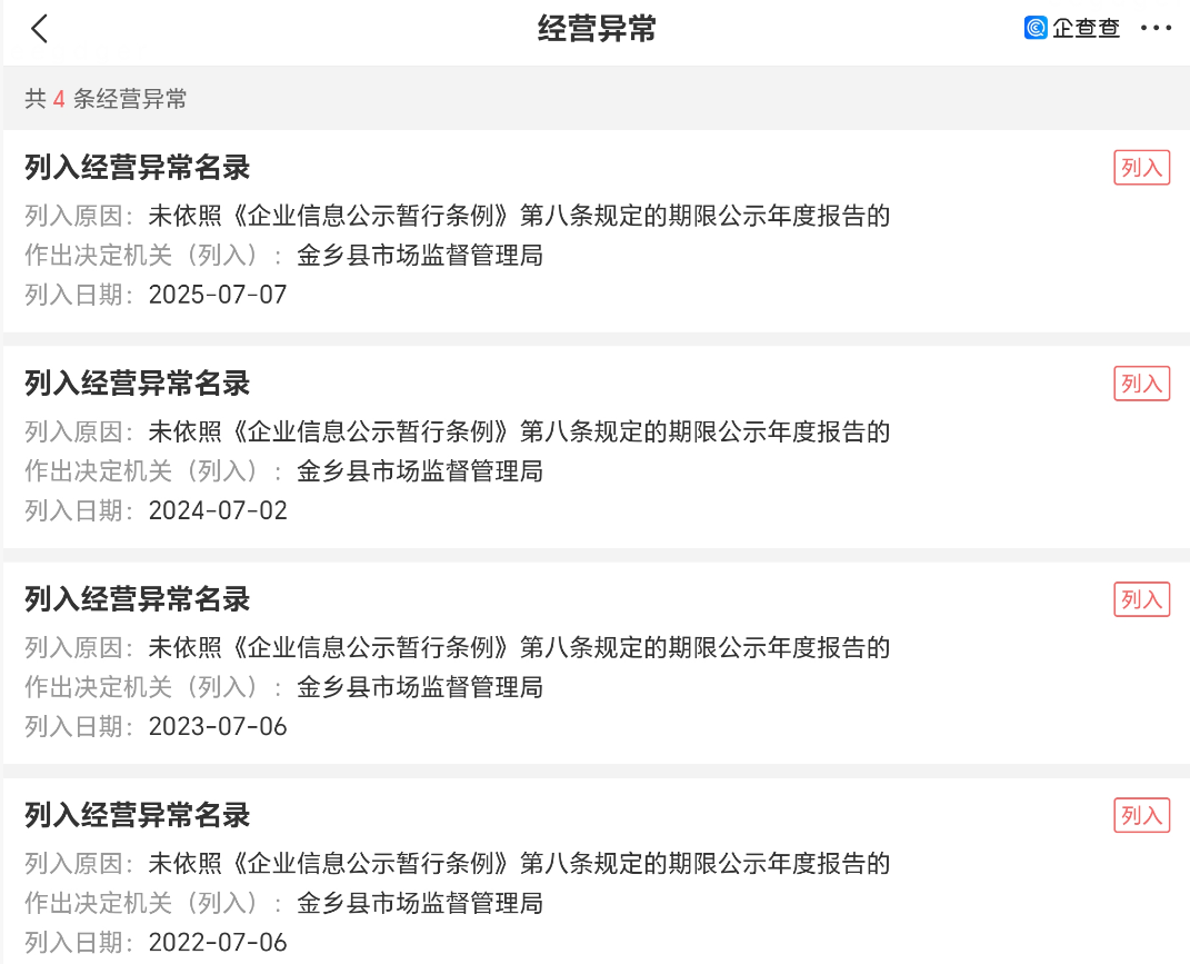 山东金乡县农村信用合作联社被列入严重违法、经营异常名录(图1)