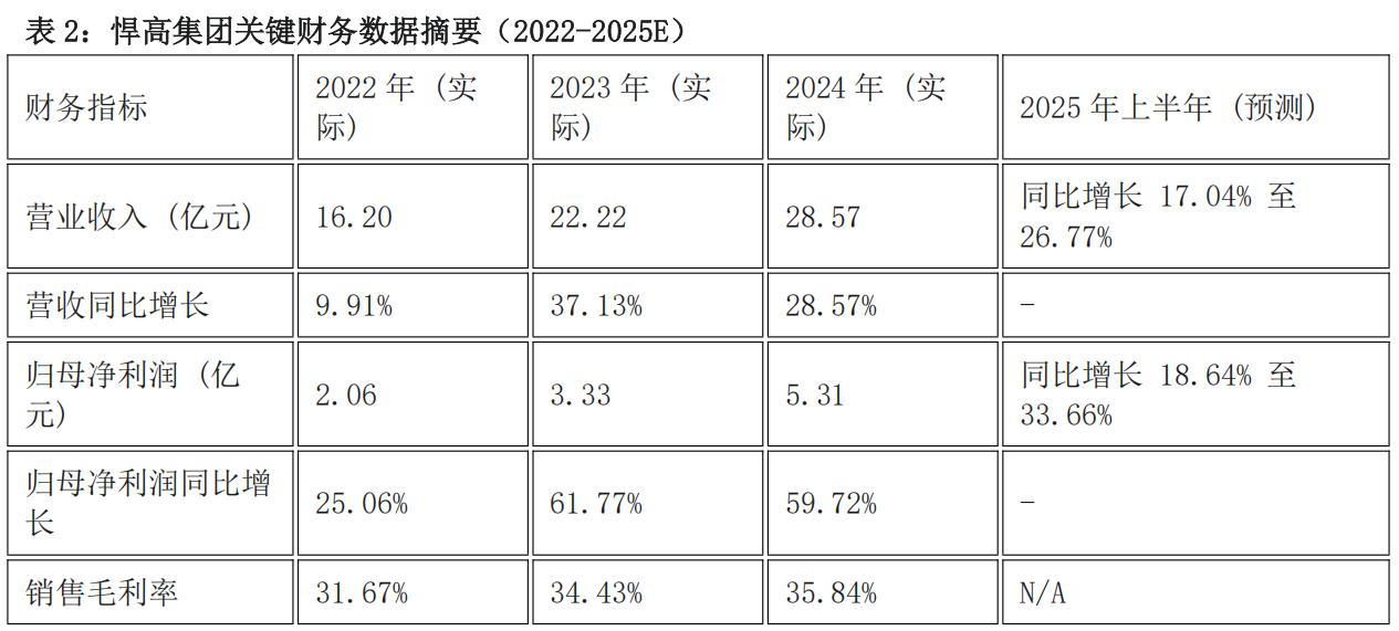表2:悍高集团关键财务数据摘要(2022-2025E)