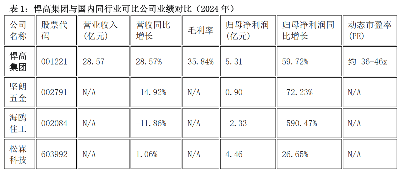 表1:悍高集团与国内同行业可比公司业绩对比(2024年)