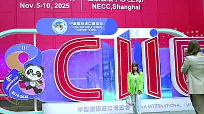 &nbsp;&nbsp;&nbsp;&nbsp;进博会上，外国游客在展板前留影。本报记者&nbsp;汪媛摄/光明图片