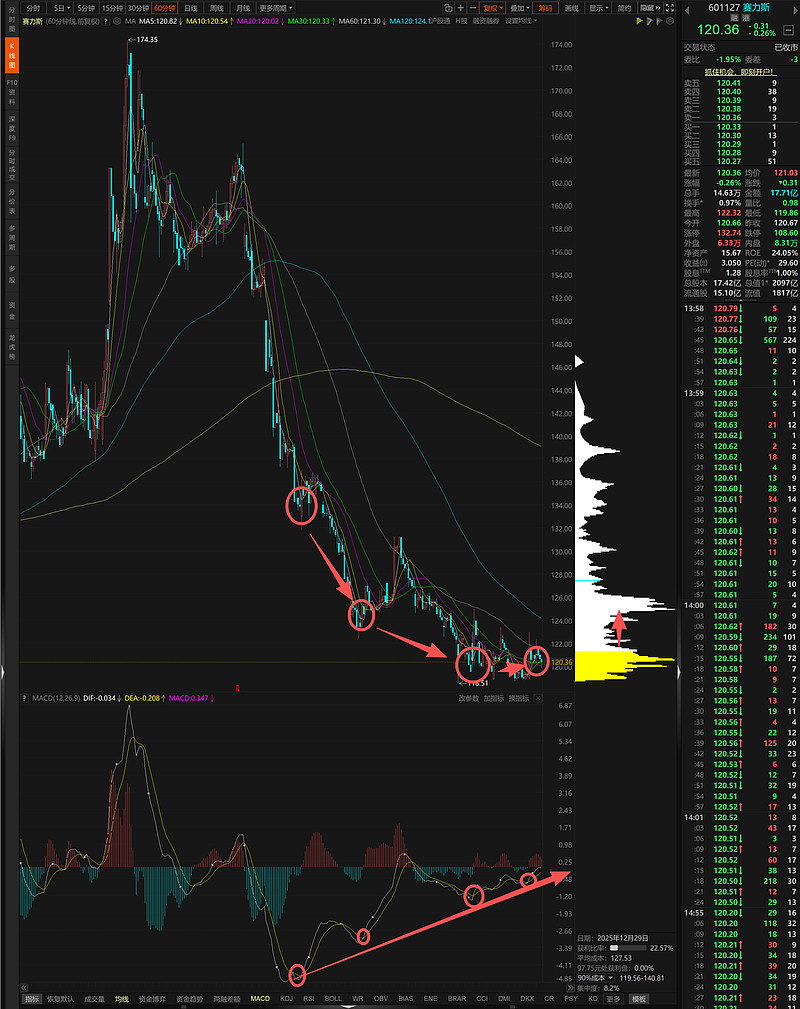 赛力斯60分钟MACD连续底背离，120左右的低位筹码聚集成峰_财富号_东方财富网