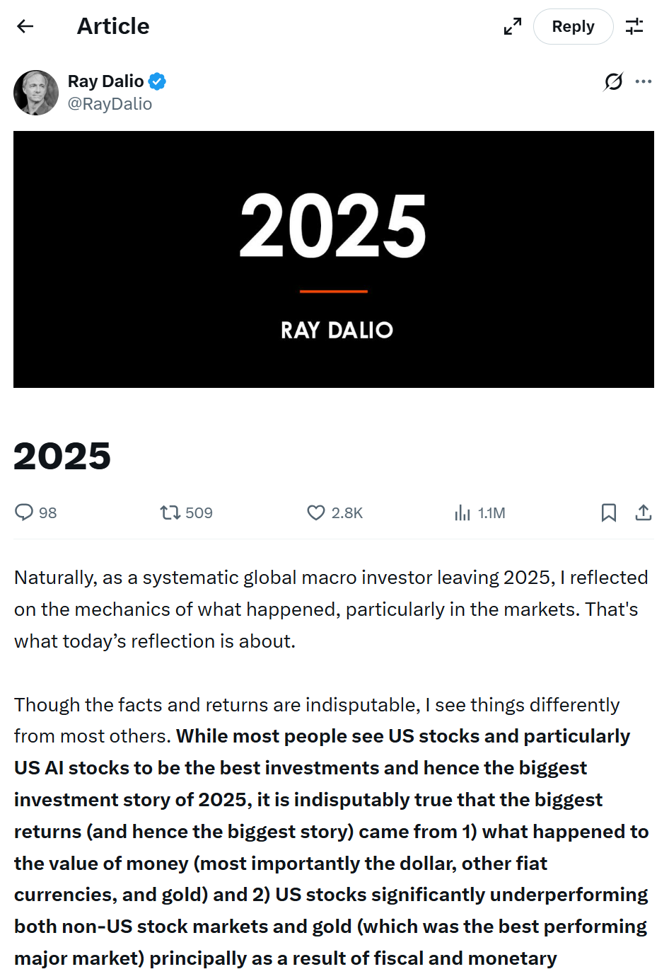 达利欧年度复盘：美元贬值，美股高回报只是“计价幻觉”，黄金跑赢一切_财富号_东方财富网