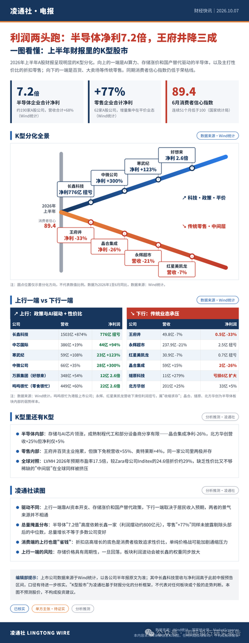 数字说话：上半年财报里的 K 型股市！利润往两头集中，科技产业和"省钱型"消费在涨，传统中间业态在缩！