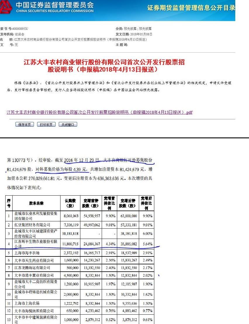 第4大股东辉丰持股大丰农商银行5.64%